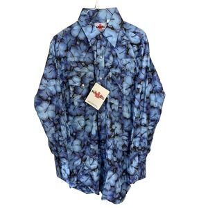 VTG NWT MWG Western‎ Shirt Size M Blue Floral Hibiscus Pearl Snap Made in Canada